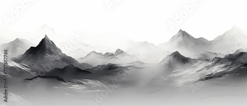 Black and white ink painting of a landscape with artistic lines and shapes on a background for decoration