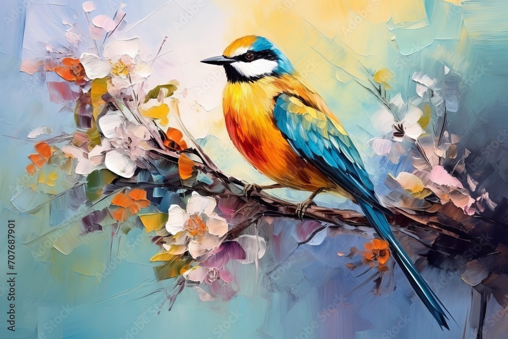 Fototapeta Abstract colorful oil, acrylic painting of bird and spring flower. Modern art paintings brush stroke on canvas. Illustration oil painting, animal and floral for background.
