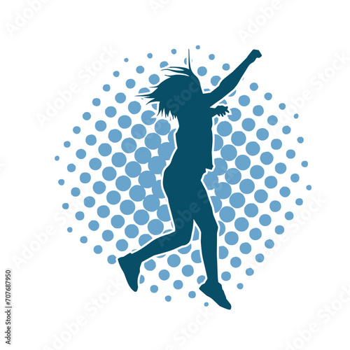Silhouette of a female dancer in action pose. Silhouette of a woman dancing happily.
