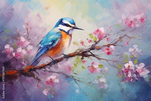 Abstract colorful oil, acrylic painting of bird and spring flower. Modern art paintings brush stroke on canvas. Illustration oil painting, animal and floral for background. © Ameer