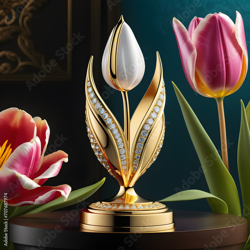 AI prompt: Elegant tulip jewelry on a golden base, high-res graphics, with gemstone accents.(Generative AI)