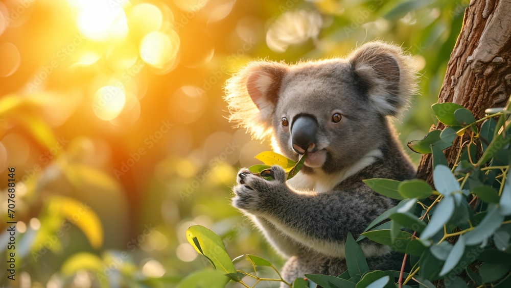 Fototapeta premium Koala eating eucalytus leaf on eucalyptus tree