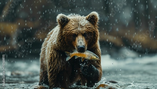 bear eating fish in the river photo