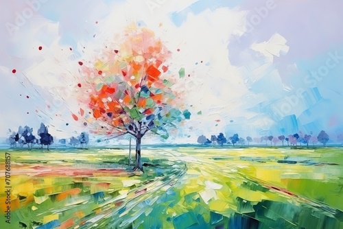Abstract colorful oil painting on canvas of tree, field, and meadow. Landscape paintings background. Modern art oil paintings with green, red and blue. Contemporary art for background.