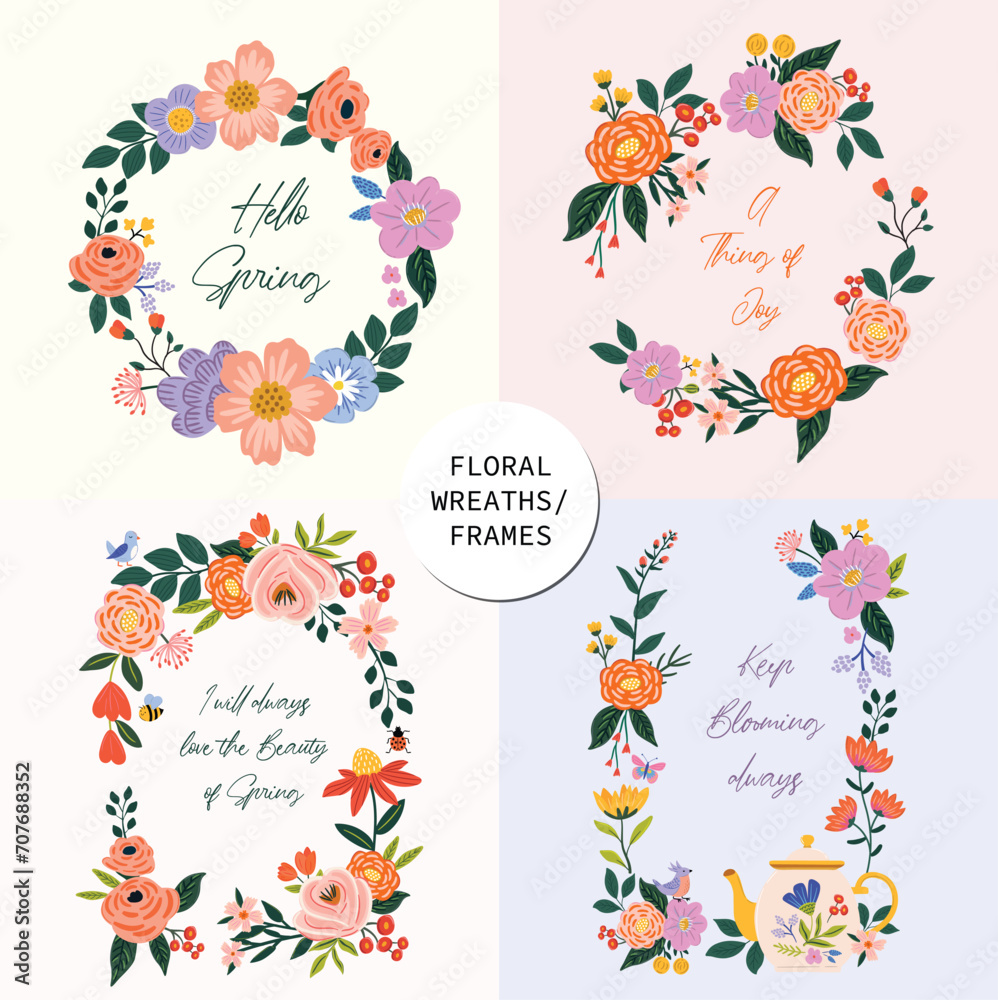 Set of 4 pretty floral cottage-core inspired floral frames and wreaths for invitation card, stickers, branding, banners, cards etc. Pastel whimsical floral borders with spring inspirational sayings. 