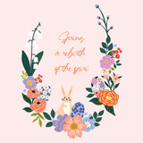 Spring wildflowers cute floral frame with easter egg and bunny illustration for postcards, posters, invitation, sticker etc . Vector illustration
