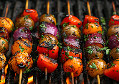 A high-angle photo of vegetable skewers on the grill with flames for added drama.  © The Food Stock