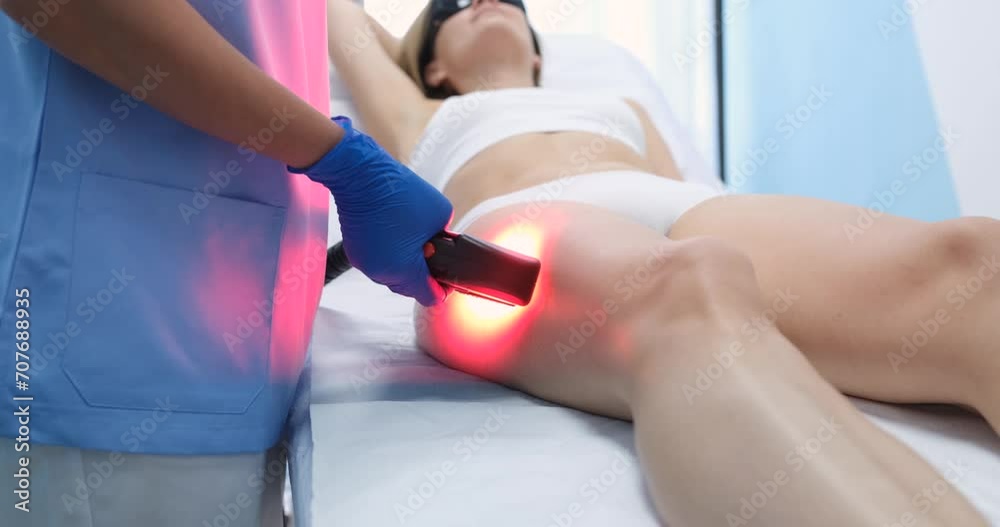 Young woman undergoes procedure for laser hair removal of legs in beauty salon. Laser hair removal and depilation concept