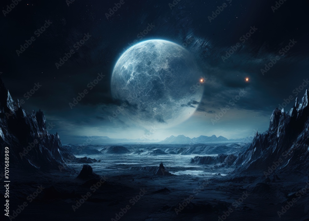 Majestic alien landscape with a large moon, icy terrain, and dark blue sky, perfect for sci-fi backgrounds.