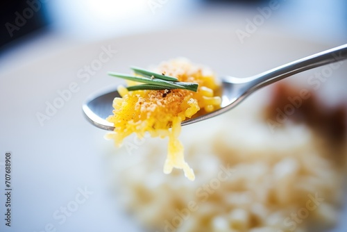 close-up of risotto milanese on a spoon, perfectly cooked rice grains