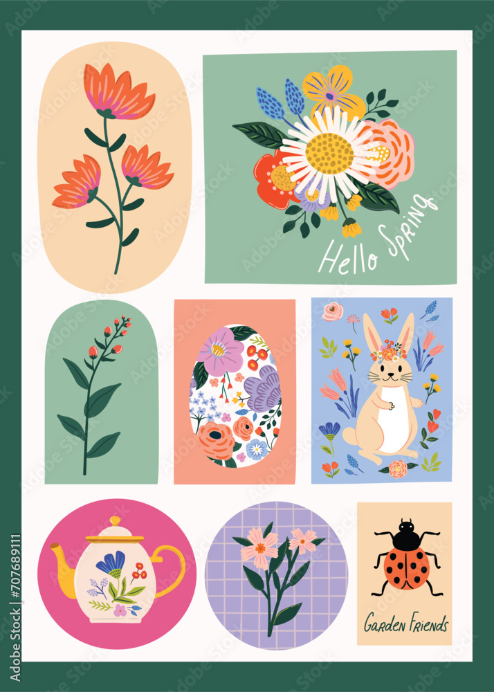Cute card featuring spring illustrations, including flowers, Easter eggs, bunnies, and spring sayings. Perfect for postcards, greeting cards, posters, planners, etc.