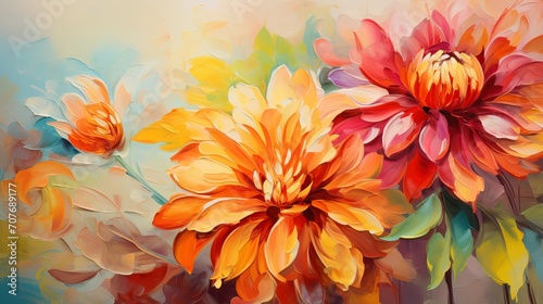 Colorful abstract oil painting of autumn flower with orange, red, and yellow leaves. Hand-painted illustration of natural fall design for vintage floral wallpaper background. © Ameer