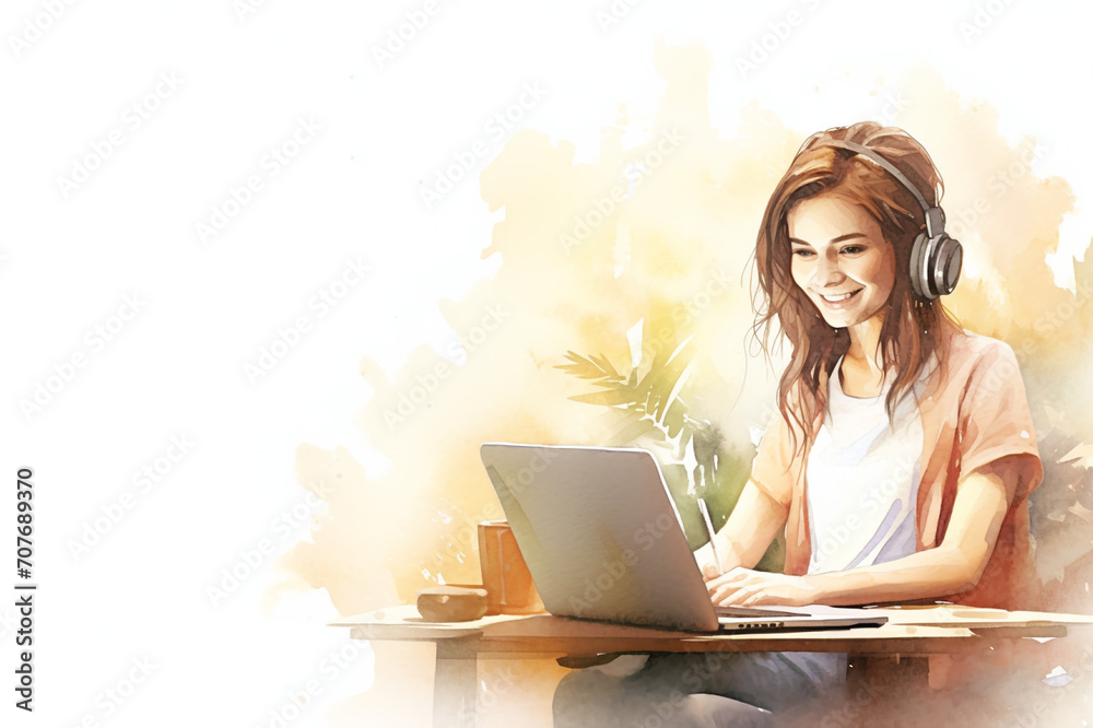 Illustration of a Young Woman Engaged in Laptop Work at a Home or Office Desk - A Delightful Blend of Artistic Expression and Professional Endeavors, Captured in Watercolor Drawing Style