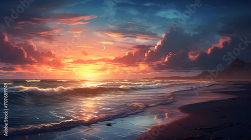 Beautiful sunrise over the sea shore and lonely beach
