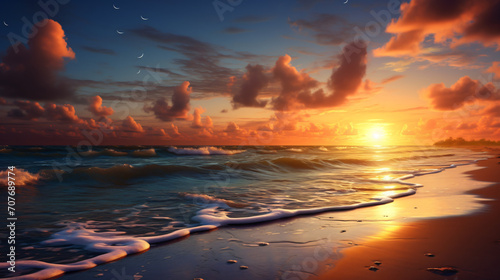 Beautiful sunrise over the sea shore and lonely beach © Black