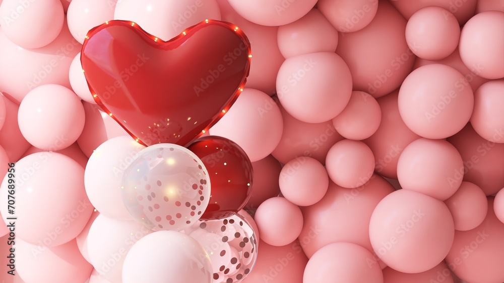 Red heart shape balloon with various size of red and pink balloons in background for luxury party, celebration, romance, love, valentine’s day 3D Red heart shape balloon with various size of red and pink balloons in background for luxury party, celebration, romance, love, valentine’s day 3D