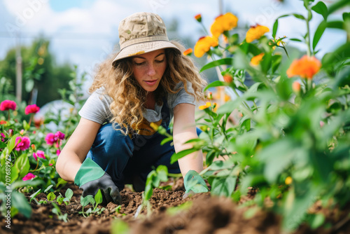 A young woman, dressed in sustainable and eco - friendly attire, passionately engaged in planting trees in a community garden.