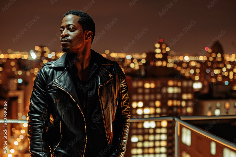 Confident African - American man in his early 30s, wearing a stylish leather jacket, standing on a rooftop overlooking the city at night.