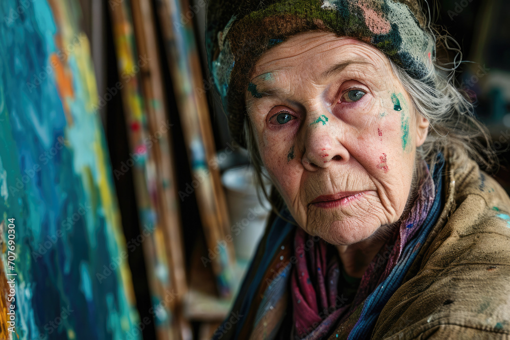 Experienced artist in documentary style, close-up. The subject is a 60-year-old Caucasian woman, a painter, with paint-splattered clothing and hands. Experienced artist in documentary style, close-up. The subject is a 60-year-old Caucasian woman, a painter, with paint-splattered clothing and hands.