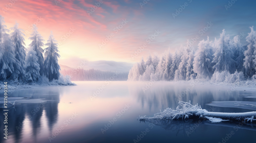 Beautiful tranquil lake at sunrise with foggy Winter