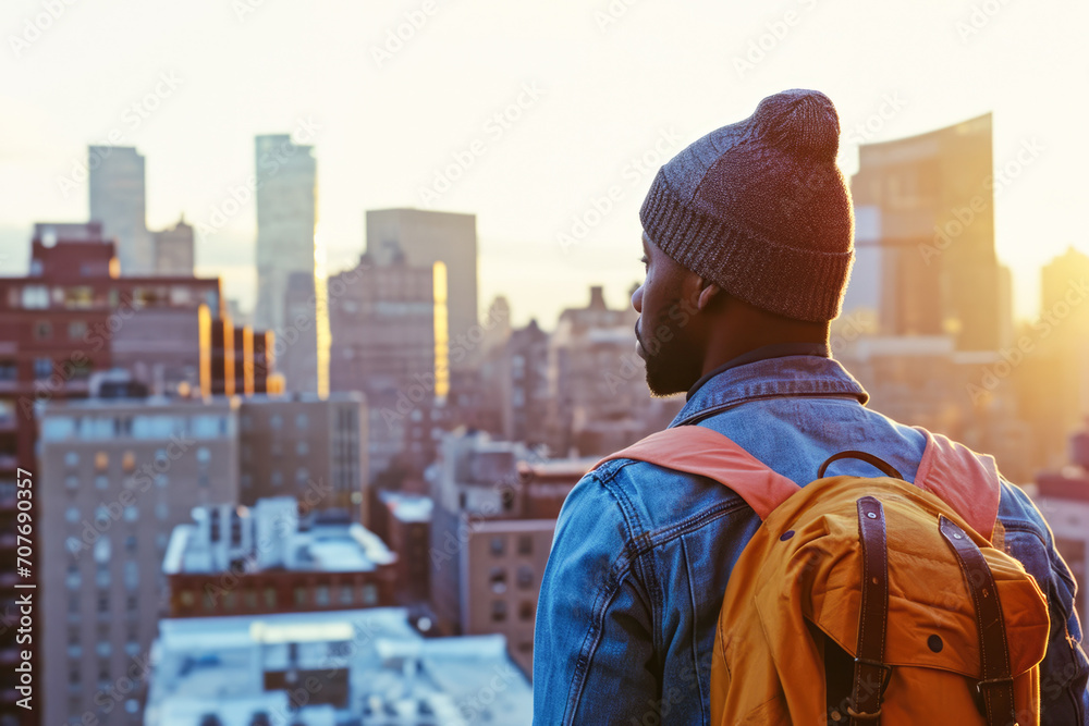 A young African - American man with a backpack, wearing a denim jacket and beanie, standing on the edge of a rooftop overlooking the city skyline.