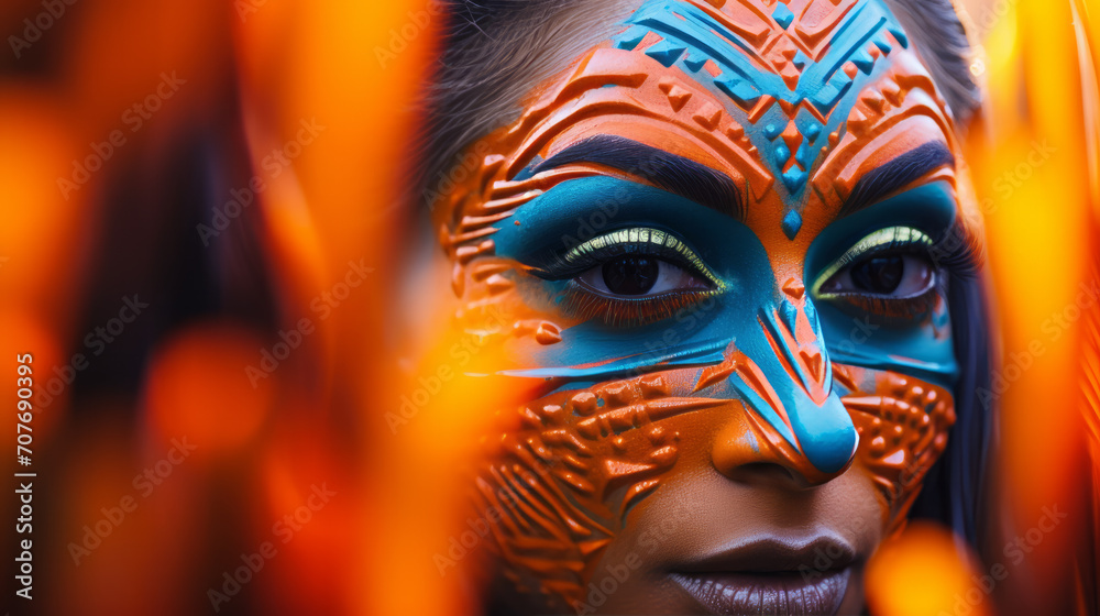 Vibrant Fusion, A Captivating Woman Adorned With Ethereal Blue and Fiery Orange Face Paint