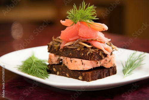 pile of sauerkraut atop pumpernickel bread, deli style