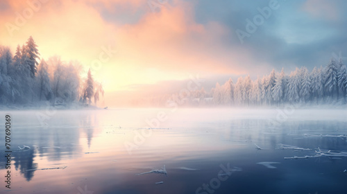 Beautiful tranquil lake at sunrise with foggy Winter © Black