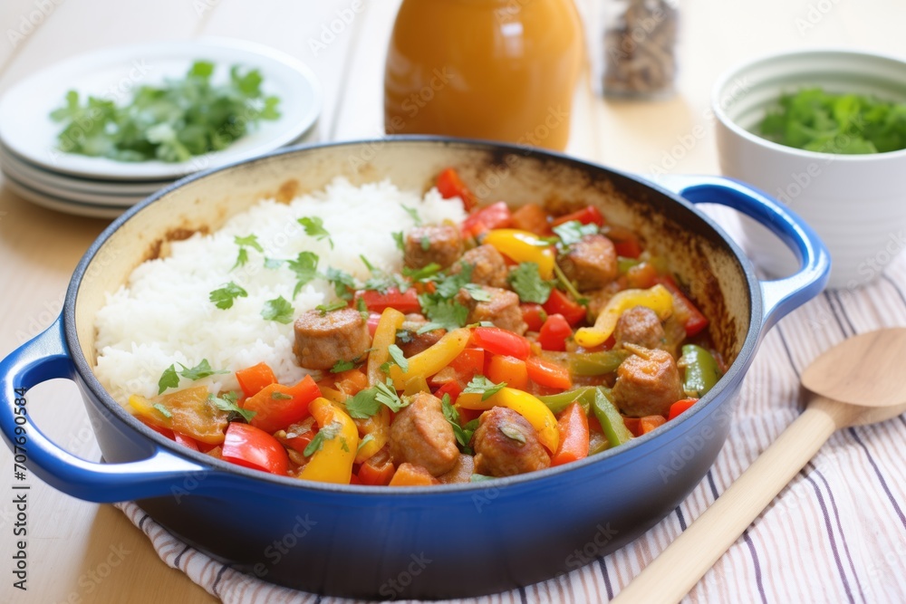 sausage and peppers topping a bed of fluffy rice