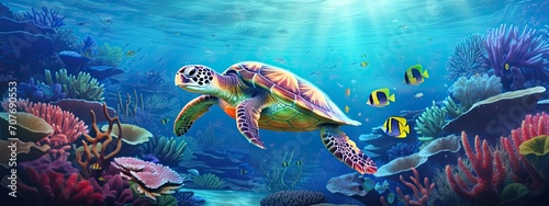 a sea turtle in a beautiful blue ocean with fishes, seaweed and corals. turquoise water color. background wallpaper