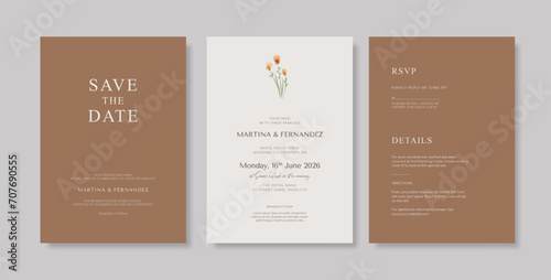 Beautiful and minimalist wedding invitation template with watercolor flower photo