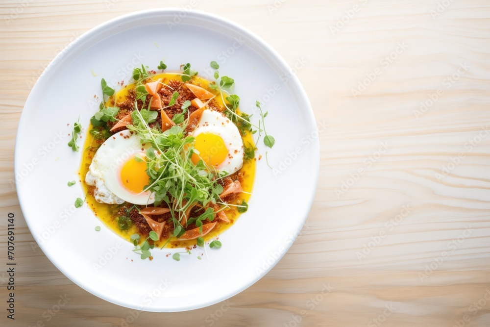 modern plating, shakshuka in white dish, microgreens scattered modern plating, shakshuka in white dish, microgreens scattered