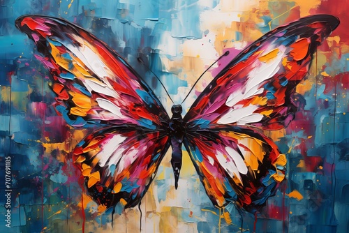 Abstract painting of a butterfly with colorful wings and splashes on canvas © Ameer