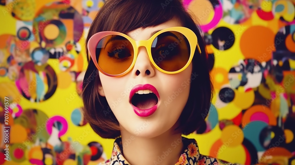 Obraz premium Pop art portrait of surprised woman with bright make-up and sunglasses.