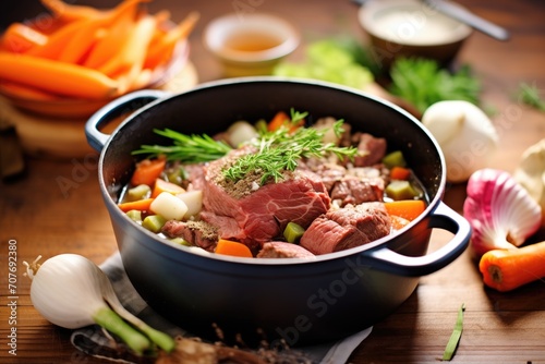 chunky beef stew in a cast iron pot, surrounded by raw ingredients