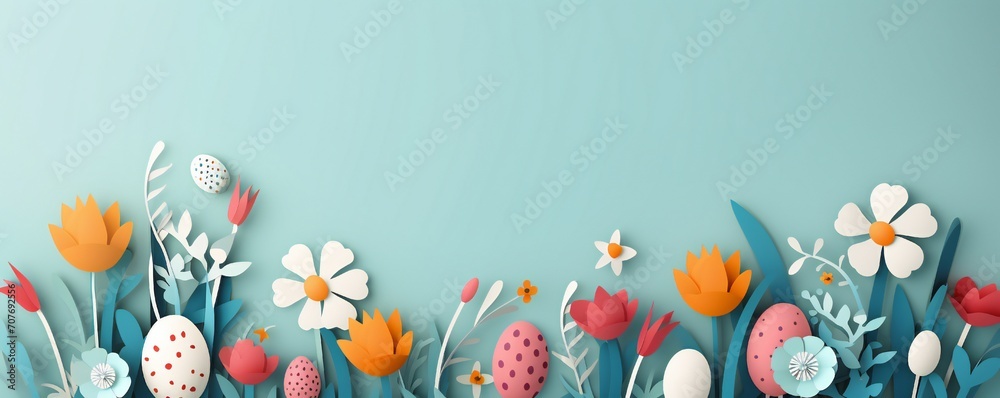 Paper cut Easter banner with colorful eggs, grass and flowers, with empty copy space Generative AI - obrazy, fototapety, plakaty 