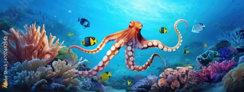 a octopus squid in a beautiful blue ocean with fishes, seaweed and corals. turquoise water color. background wallpaper