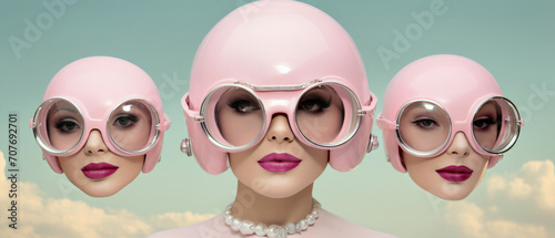 Vibrant Trio, Artistic Mannequins Rocking Pink Helmets and Sunglasses With Flamboyant Style photo