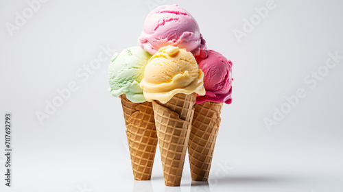four ice cream cones on white background