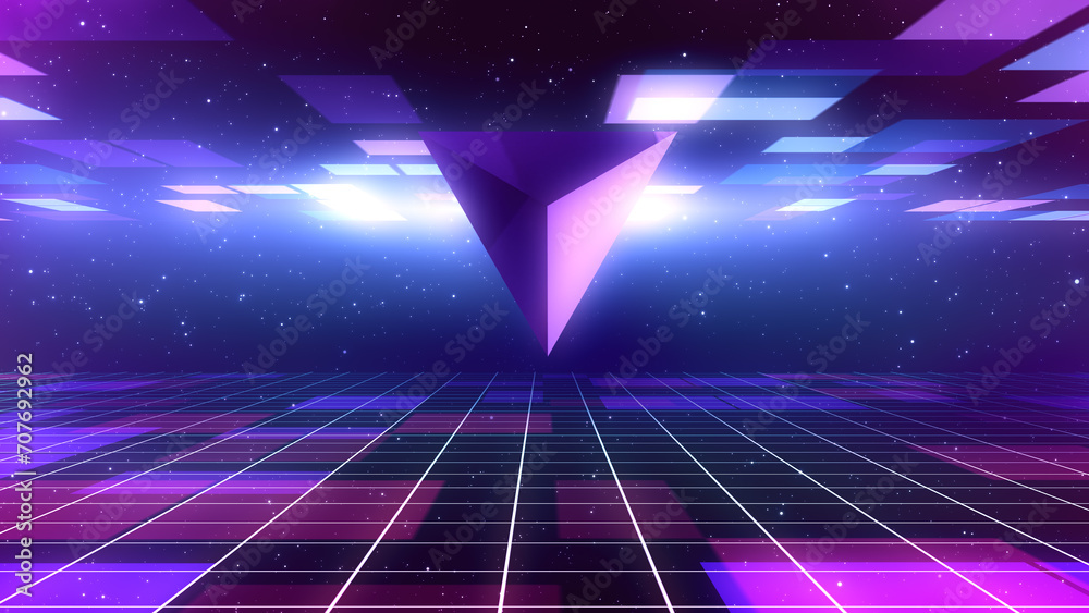Retro Sci-Fi Background Futuristic Grid landscape of the 80`s. Digital Cyber Surface. Suitable for design in the style of the 1980`s. 3D illustration