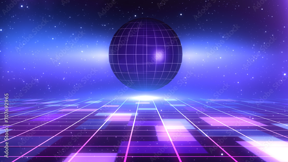 Retro Sci-Fi Background Futuristic Grid landscape of the 80`s. Digital Cyber Surface. Suitable for design in the style of the 1980`s. 3D illustration