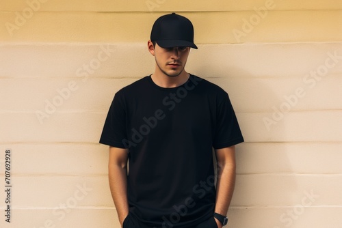 man wearing black tshirt black baseball cap photo