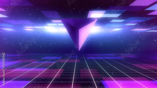 Retro Sci-Fi Background Futuristic Grid landscape of the 80 s. Digital Cyber Surface. Suitable for design in the style of the 1980 s. 3D illustration