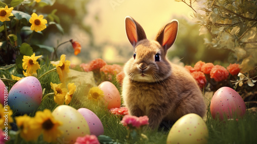 A bunny with easter eggs Background photo