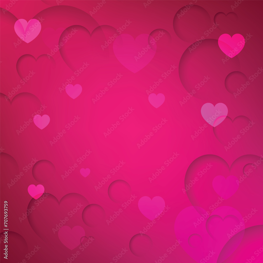 A pink gradient background adorned with various-sized hearts in both illuminated and slightly three-dimensional forms