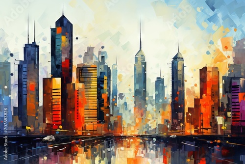 Artistic painting of skyscrapers: a photo of an abstract style cityscape panorama photo