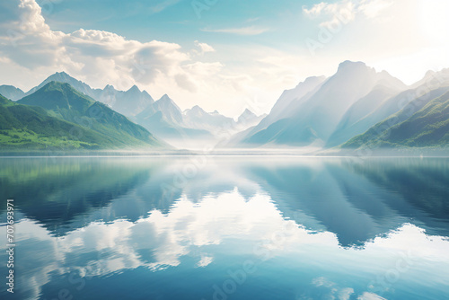 panoramic fantasy landscape with reflecting mountains