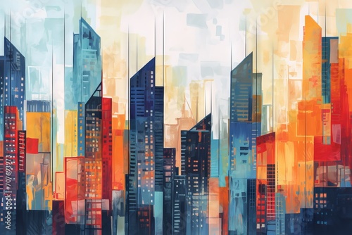 Artistic painting of skyscrapers: a photo of an abstract style cityscape panorama