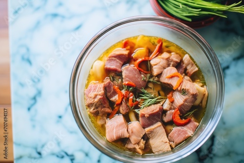 marinating pork cubes in sweet and sour marinade photo