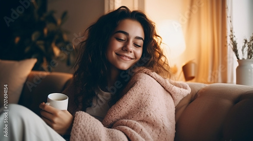 Happy dreamy young woman wearing casual clothes